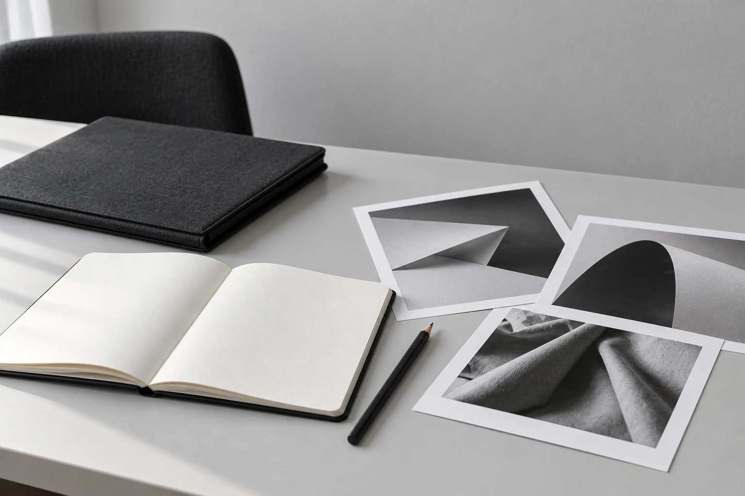Blank notebook and abstract photo prints on an empty desk.