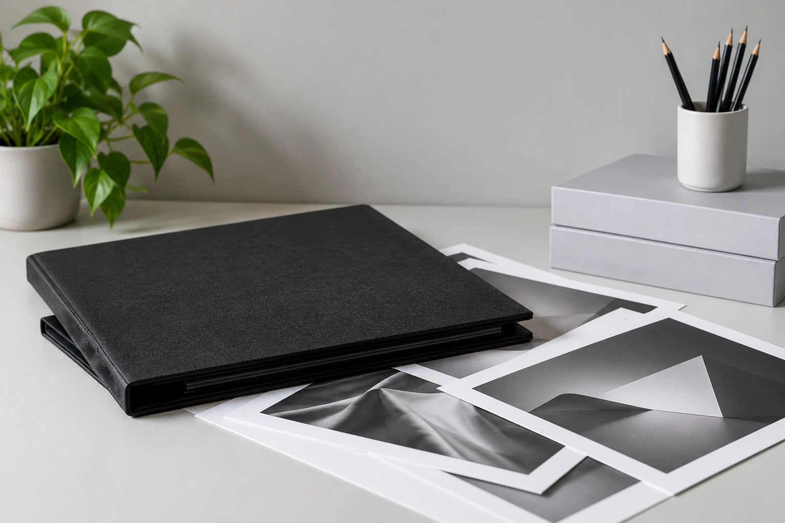 Black portfolio folio with abstract prints, pencils and plain archive boxes.