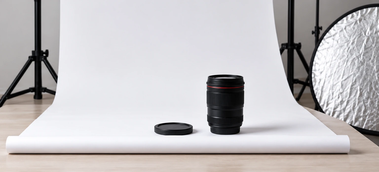 Camera lens and cap on a white backdrop beside a silver reflector.