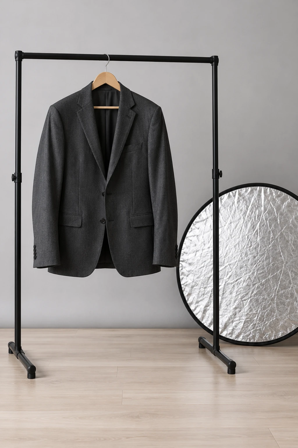 A charcoal jacket on a clothing rail beside a silver reflector.